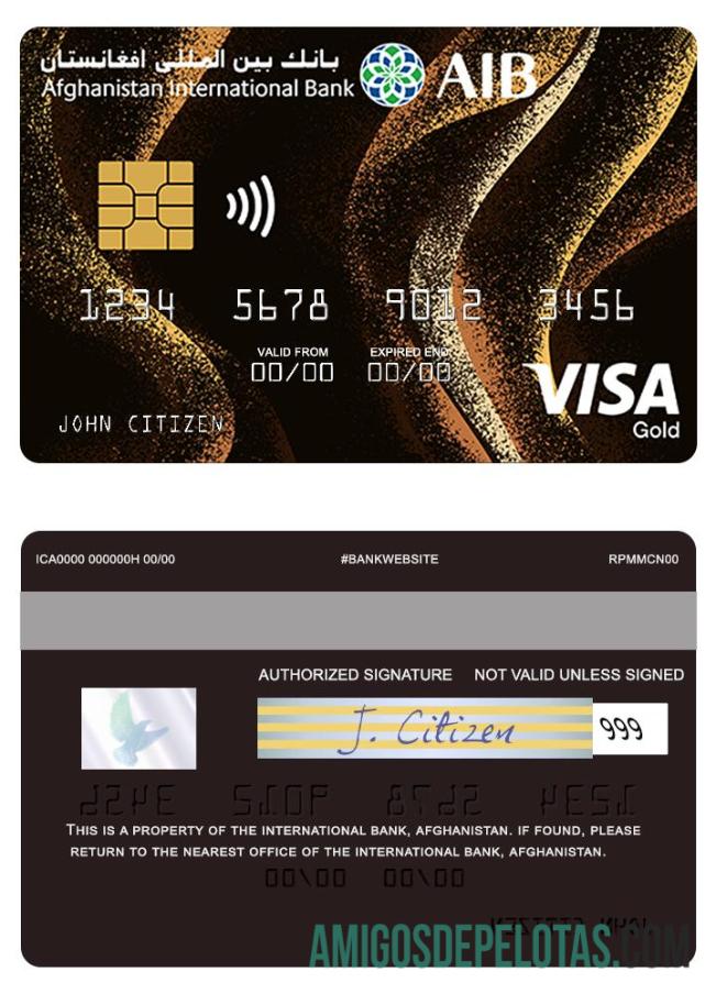 Cartão de crédito Visa Gold do Banco Internacional do Afeganistão amostra